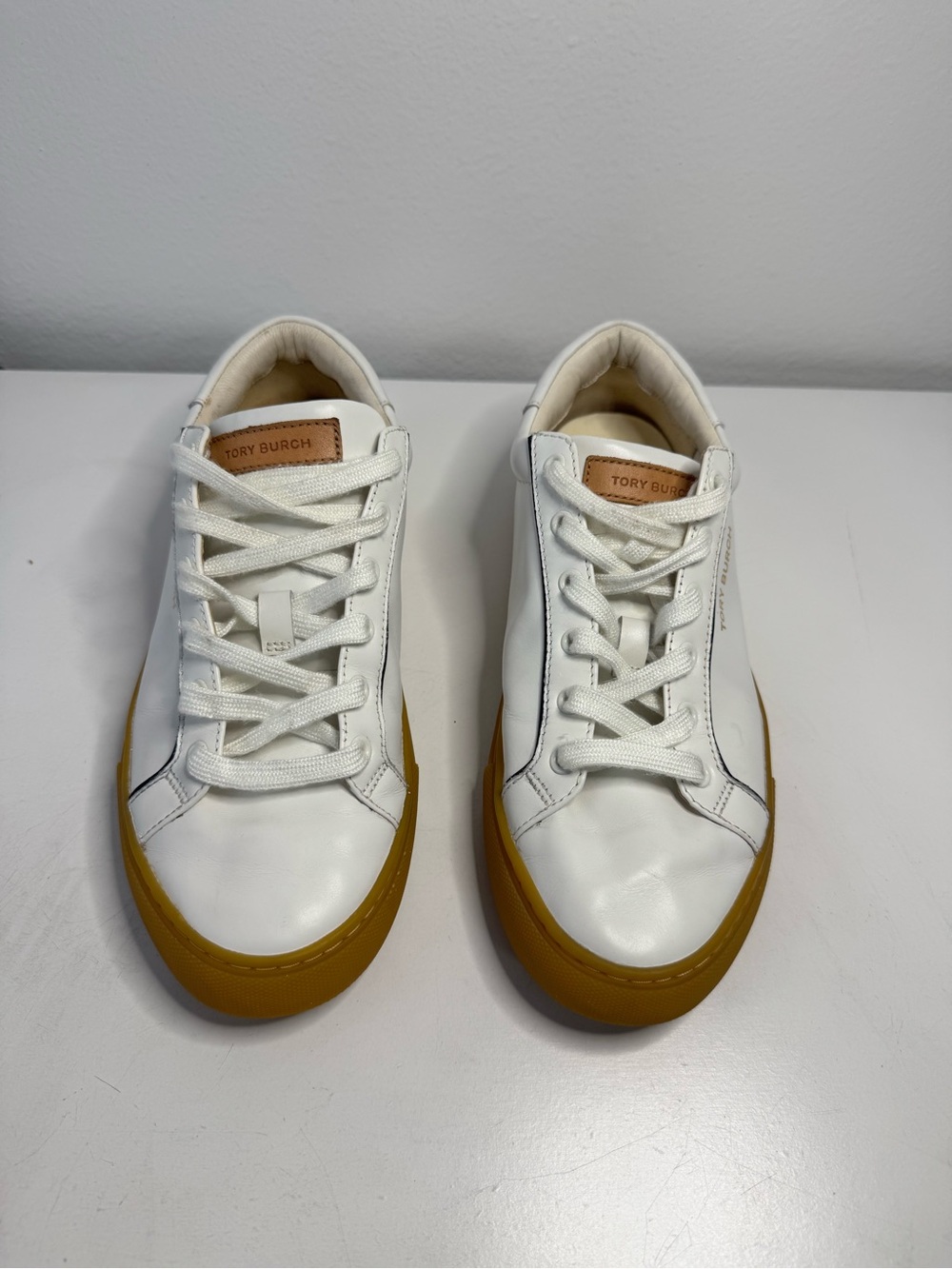 Tory Burch Kids White Leather Sneakers with Mustard Rubber Sole